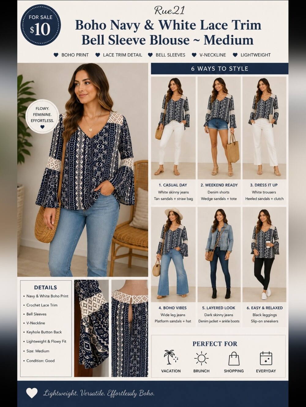 Rue21 ~ Boho Navy & White Lace Trim Bell Sleeve V-Neck Blouse ~ Medium